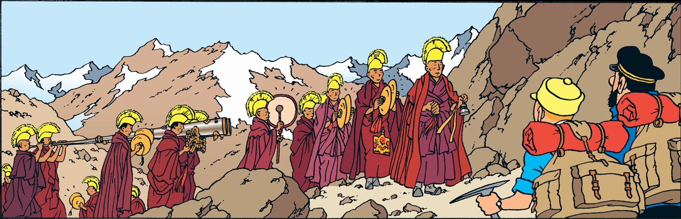 Tintin au Tibet, Tintin et Haddock rencontrent une procession de moines tibétains dans les montagnes